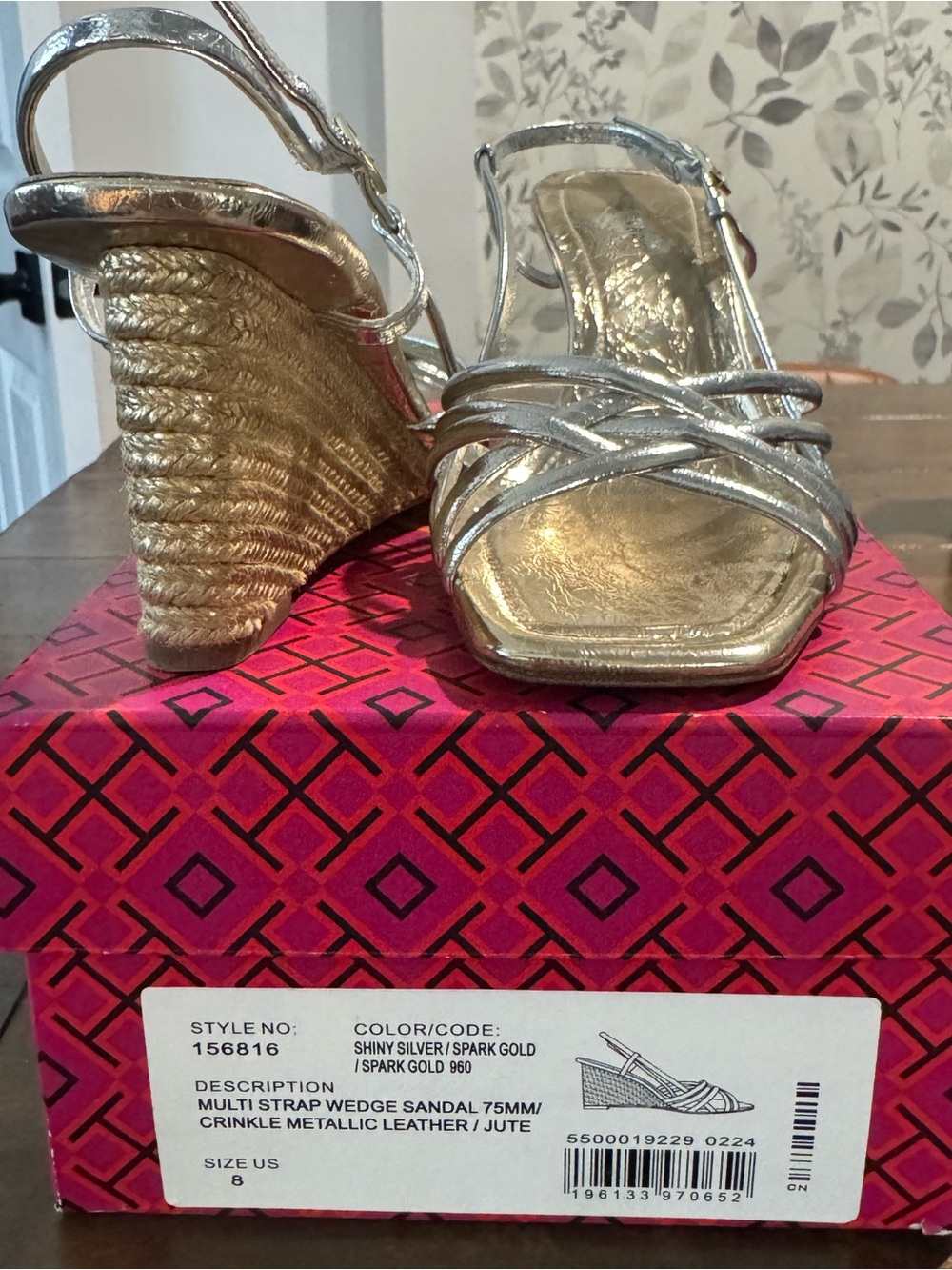 Tory Burch Shiny Silver Strappy Crinkle Leather Wedge Sandal with Gold Jute Heel